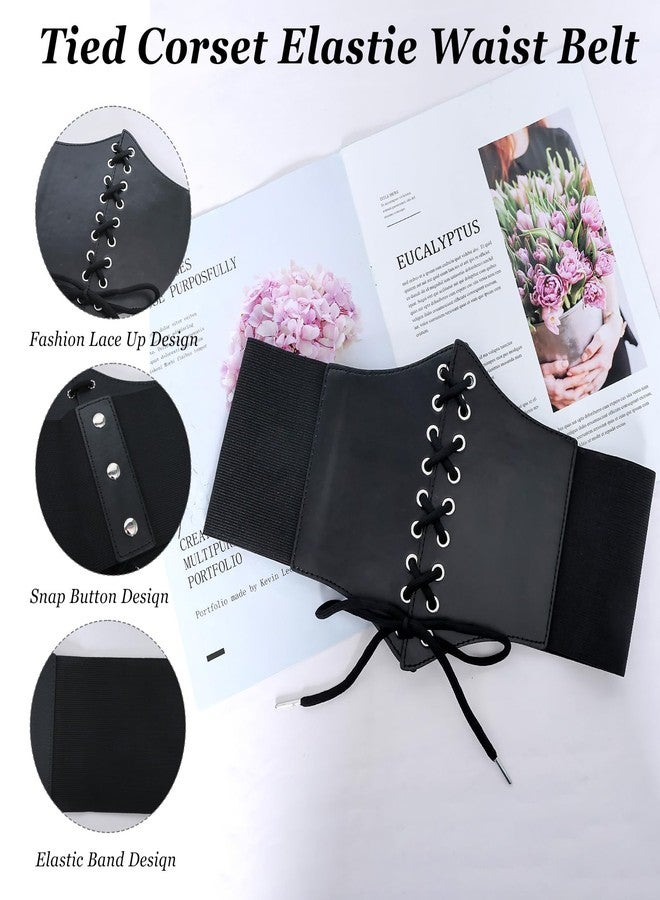 Hftjtsa Black Corset Waist Belt for Women Elastic Lace up Renaissance Pirate Accessories Tied Waspie Wide Belt for Halloween - Image 3